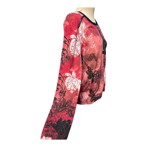 Onque Floral Zip Front Cardigan Size M Casual Red, Pink and Black - Picture 2 of 5